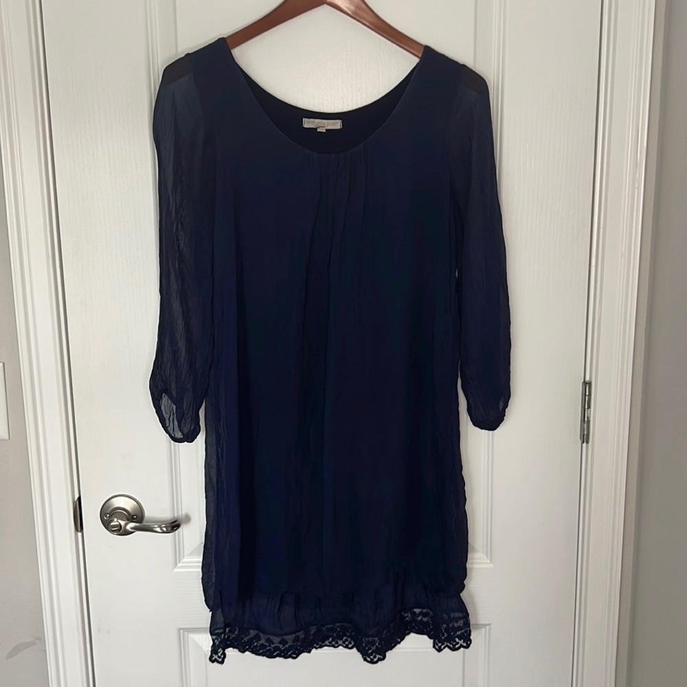 Prontomoda Giusy silk lace three quarter sleeve dress navy blue small